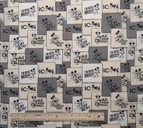 CP80474 24272 Mickey Squares Springs Creative 2024 - White Fabric / Cream, Gray, Black Mickey Mouse Print