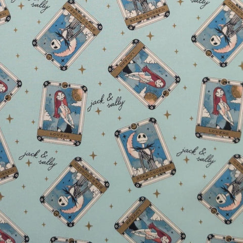 CP77304 Starcrossed Lovers Disney Springs Creative 2022 - Mint Colored Fabric / Gold Star, Black Script, Tossed Tarot Card Jack and Sally