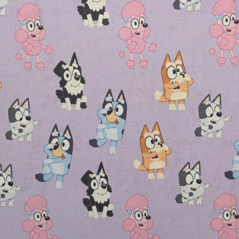 CP81155 Playful Bluey Ludo Studios Pty 2018 Springs Creative 2024 - Lavender Fabric / Tossed Blue and Friends Print