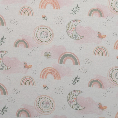 CP80528 Moon Beam Garden Kate Ward Thacker Springs Creative 2024 - White Flannel Fabric / Coral, Pink, Gray Moon and Rainbow Print