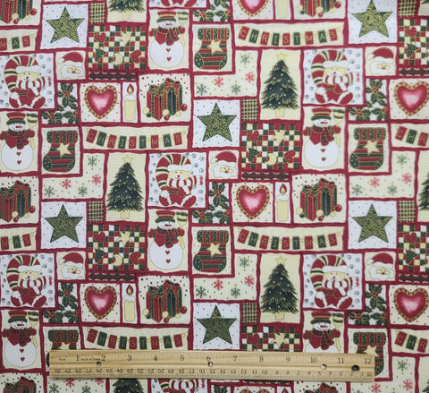Tis the Season - Red, Green, White, Gold Christmas Block Print Fabric / Gold Metallic Accents