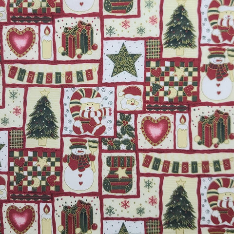 Tis the Season - Red, Green, White, Gold Christmas Block Print Fabric / Gold Metallic Accents