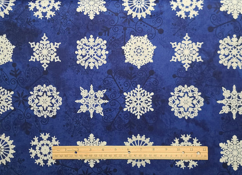 Starry Night 2 / Stonehenge 20342M Deborah Edwards for Northcott - Dark Blue Tonal Fabric / Tonal, White Snowflake Print / Silver Metallic