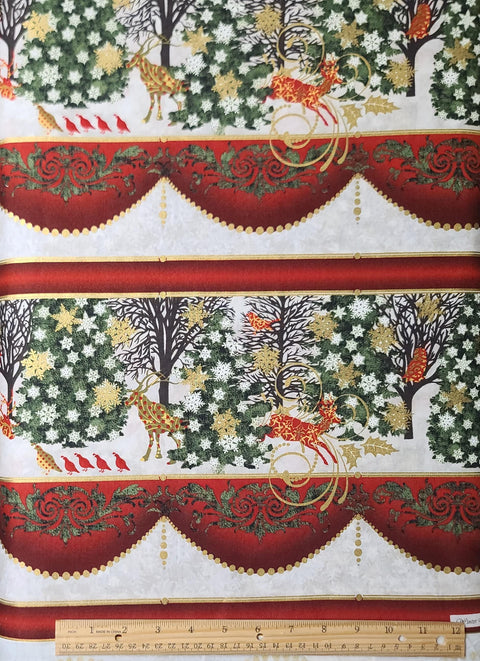 Winter Menagerie by Jason Yenter In the Beginning Fabrics 2012 - Red, White, Green Christmas Border Stripe Fabric / Gold Metallic Accents