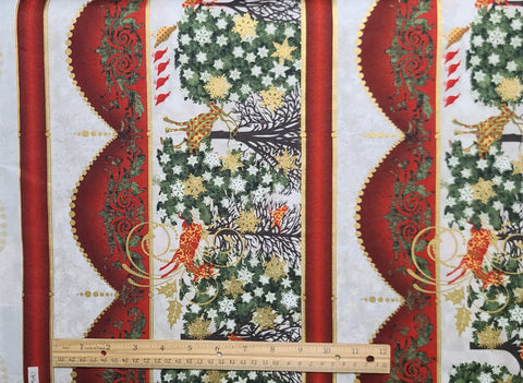 Winter Menagerie by Jason Yenter In the Beginning Fabrics 2012 - Red, White, Green Christmas Border Stripe Fabric / Gold Metallic Accents