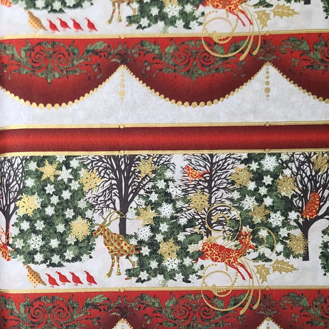 Winter Menagerie by Jason Yenter In the Beginning Fabrics 2012 - Red, White, Green Christmas Border Stripe Fabric / Gold Metallic Accents