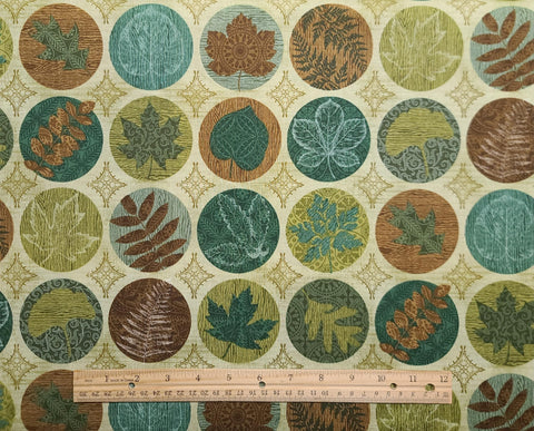 Harvest Reflections 3357-88 Benartex - Cream Fabric / Green Crosshatch Print / Green, Brown Leaf Badges