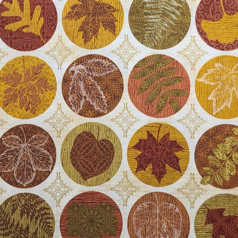 Harvest Reflections 33657-79 - Cream Fabric with Gold Crosshatch / Gold, Green, Red, Brown Leaf Badges Print