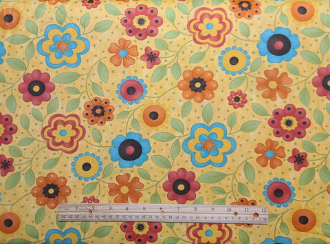 Frolic 17511-13 Daffodil Large Floral Sandy Gervais Moda - Gold Tonal Fabric / Orange, Blue, Green, Red Retro Flower Print