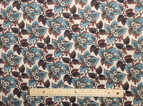 The Brick House 31212-2 Windham Fabrics / Shelburne Museum - Beige Fabric / Brown, Turquoise Packed Flower and Leaf Print