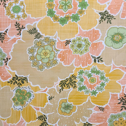 Cassie 3411-33 Silk Road Benartex - White Fabric / Gold, Tan, Green, Coral Retro Flower Print