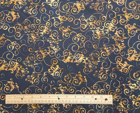 BATIK - G2228-213 Onyx Hoffman International Fabrics - Black Fabric / Gold, Tan Scroll Tjap