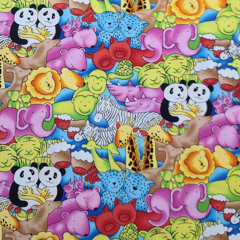 6420 Blank Quilting - Pink, Green, Yellow, Orange Packed Cartoon-Style Animal Print