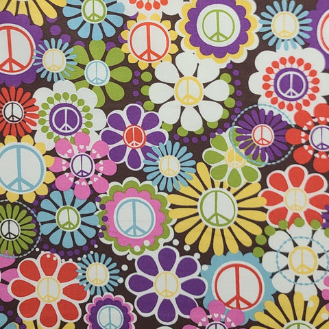 CX4424 Peace Michael Miller Fabrics - Purple, Pink, Red, Green, Aqua Retro Flower, Peace Sign Print Fabric