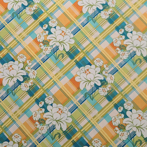 Meadowsweet SH-4232 Peony Plaid by Sandi Henderson for Michael Miller Fabrics - White Fabric / Peony Print / Teal, Orange, Lime Green Plaid