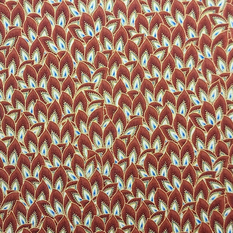 Hi-Fashion Fabrics HJ-CM2921 - Rust, Brown, White, Blue Print Fabric / Gold Metallic Accents