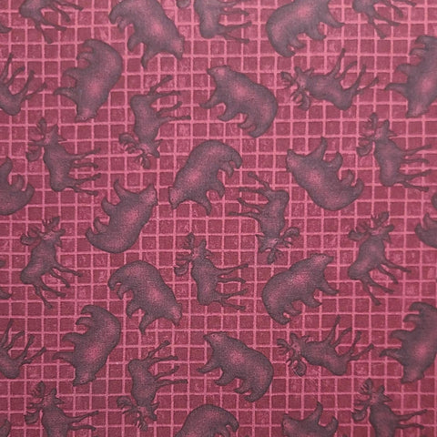 Wilderness Trail by Holly Taylor for Moda - Burgundy Tonal "Screen" Print Fabric / Tone-on-Tone Tossed Bear, Moose Print