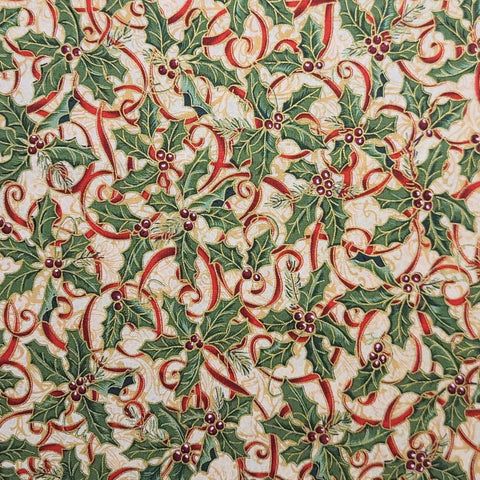 Woodland Spendor 8097 Elizabeth Brown Designs - White Fabric / Packed Holly, Gold and Red Ribbons Print / Gold Metallic Accent