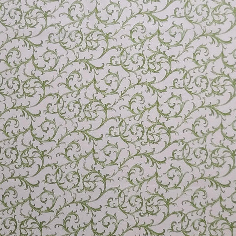 Cream Fabric / Green Vine Scroll Print - Selvage to Selvage Print