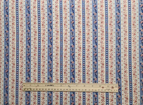 Springs Industries - Vintage Reproduction-Style Dusty Rose, Medium Denim Blue, Dark Blue Flower Border Stripe Fabric