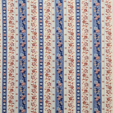 Springs Industries - Vintage Reproduction-Style Dusty Rose, Medium Denim Blue, Dark Blue Flower Border Stripe Fabric