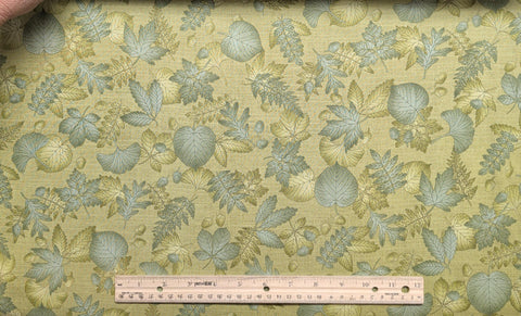 Harvest Reflections 3360-88 Benartex - Green Crosshatch Patterned Fabric / Green Leaf and Acorn Print