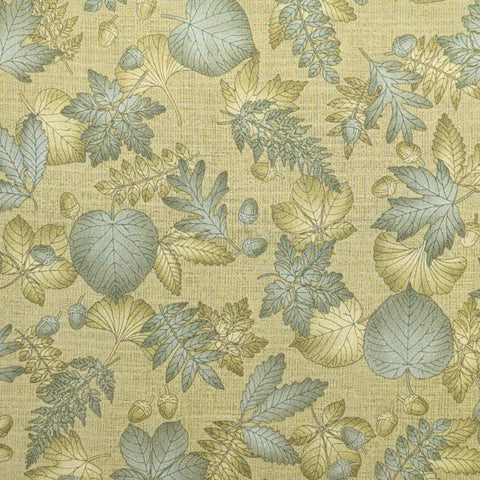 Harvest Reflections 3360-88 Benartex - Green Crosshatch Patterned Fabric / Green Leaf and Acorn Print