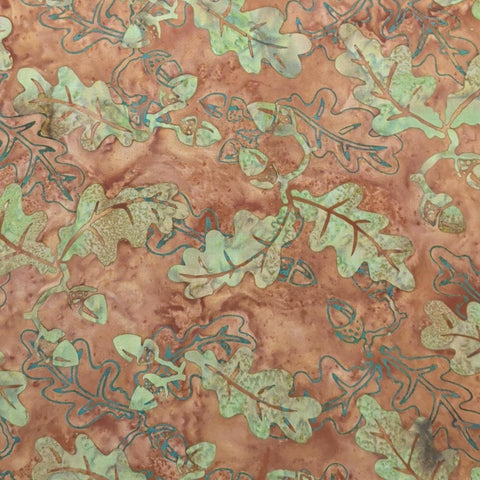 Hoffman California International Fabrics BPN006-66 Autumn 2013 - Brown Tonal Batik Fabric / Green Oak Leaf and Acorn Tjap
