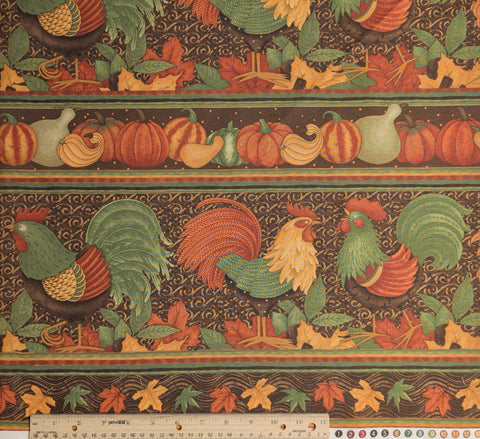 Harvest Roosters 67416-287 Debbie Mumm for Quilt Shops SSI - Brown, Green, Orange, Red Rooster and Pumpkin Leaf Border Stripe Fabric