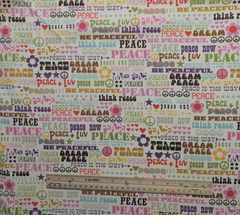 Think Peace CX-4429 Michael Miller Fabrics - Soft White Fabric / Retro Peace Signs and Script