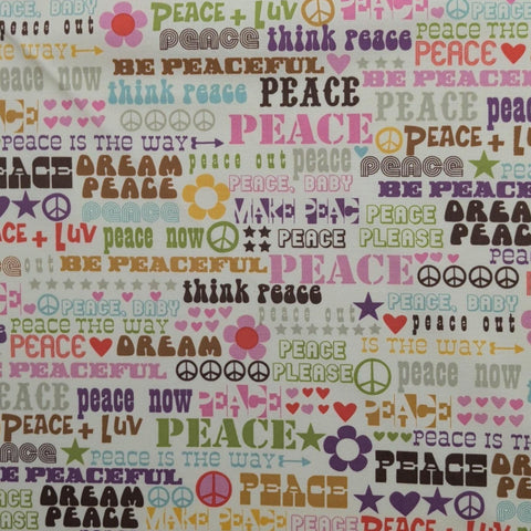Think Peace CX-4429 Michael Miller Fabrics - Soft White Fabric / Retro Peace Signs and Script