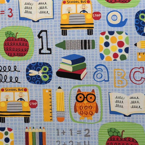 Chalk Talk 6795 Sky Blank Quilting 2012 - Sky Blue Patterned Fabric / Brightly-Colored Elementary School Print