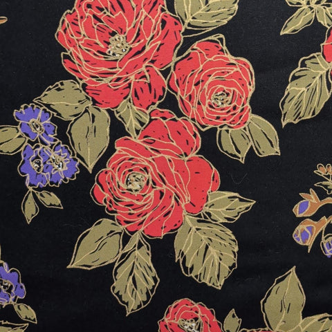 Crazy Red Roses 7935 Maywood Studio - Black Fabric / Red, Purple, Olive Giant Rose Print / Gold Metallic Accents