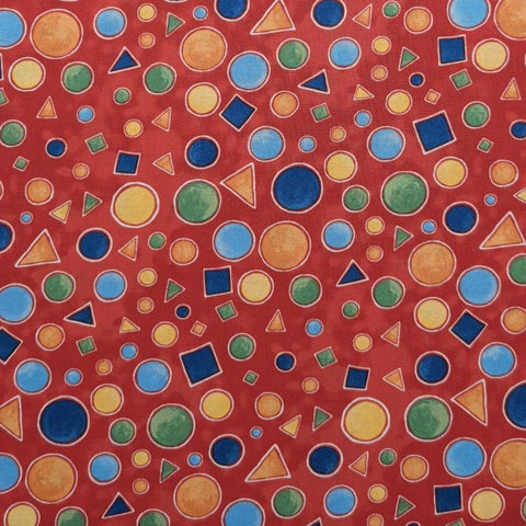 The Cat's Meow 38725-348 Bella Lu Studio SSI - Red Tonal Fabric / Blue, Yellow, Orange, Green, Circle, Square, Triangle Print