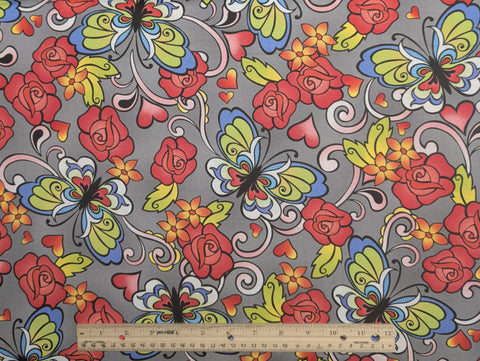 Timeless Treasures Fabrics FUN-C 7661 - Gray Fabric / Red, Blue, Lime Green, White Stylized Rose and Butterfly Print