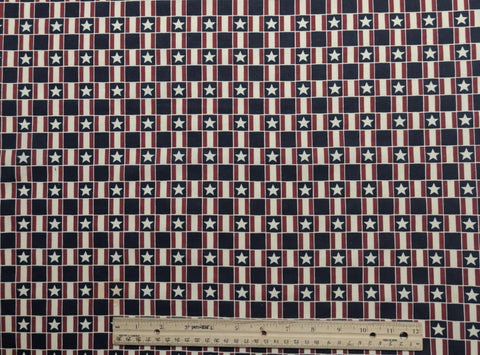 Red, White, Blue Stars and Stripes Block Print Fabric - Selvage to Selvage Print