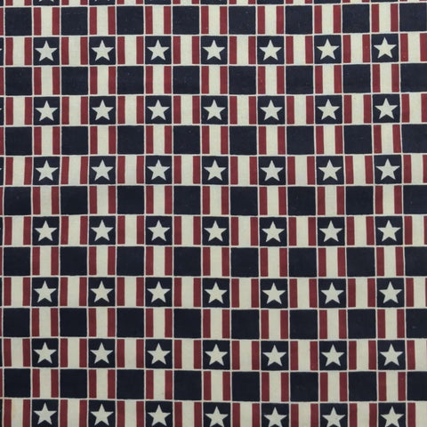 Red, White, Blue Stars and Stripes Block Print Fabric - Selvage to Selvage Print