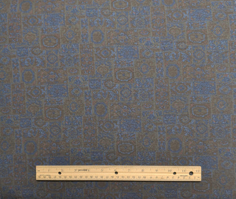 Vintage 37" WIDE Navy Fabric / Brown, Moss "Stained Glass Style" Flower Block Print - Selvage to Selvage Print