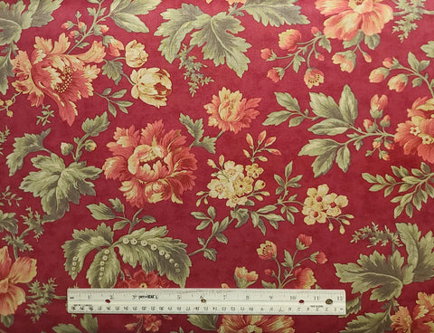Paris Flea Market Double Chocolat 3835 by 3 Sisters Moda - Dark Red Tonal Fabric / Large Red, Olive, Tan French Colonial Floral Print