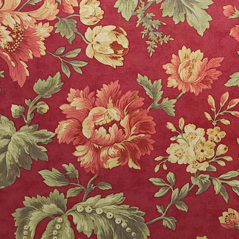 Paris Flea Market Double Chocolat 3835 by 3 Sisters Moda - Dark Red Tonal Fabric / Large Red, Olive, Tan French Colonial Floral Print