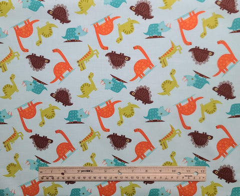 Dinosaur C4162 RBD Designers for Riley Blake Designs 2014 - Pale Aqua Fabric / Aqua, Orange, Brown, Yellow, Green Tossed Dinosaur Print