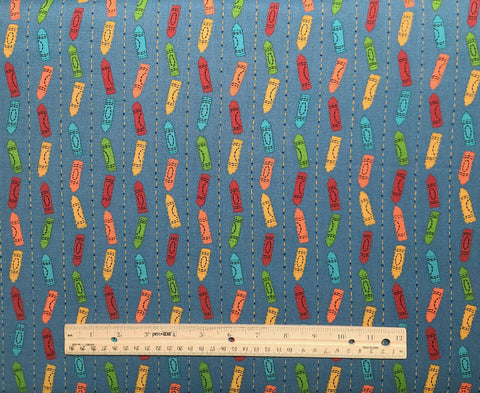 School Days Barri-Sue Gaudet for Four Corners Designs Nathan Fabrics - Denim Blue Fabric / Vertical Stitched Line / Multi-Color Crayon Print