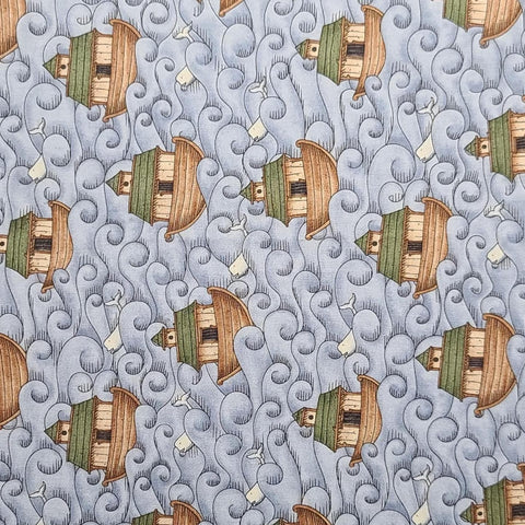 All Creatures Great & Small 5827 Kathy Schmitz Studio Moda - Light Denim Blue Tonal "Water" Print Fabric / Vertical Cartoon-Style Ark, Whale