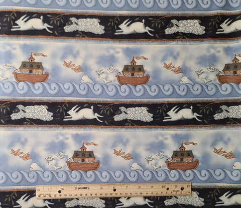 All Creatures Great & Small 5826 Kathy Schmitz Studio Moda - Light Denim Blue, Black Ark, Whale, Bird Border Stripe Fabric