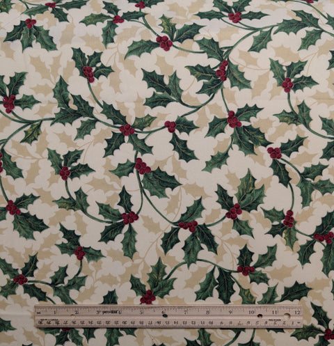 VIP Cranston Print Works - Pale Gold 58" WIDE Fabric / Medium Gold, Green, Red Holly Vine Print / Gold Metallic Accents