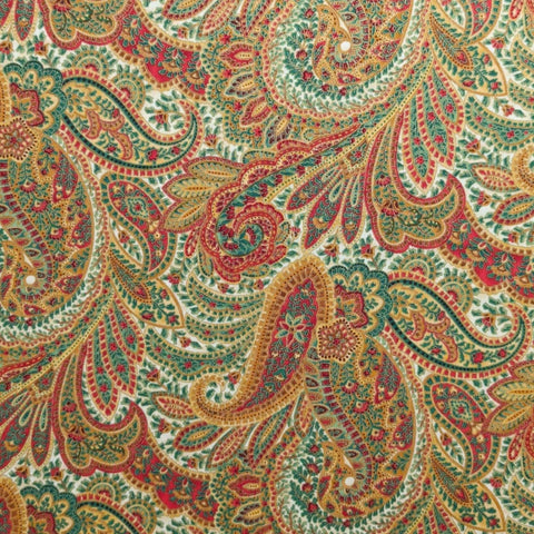 Woodland Splendor 2 D#7125 - Cream Fabric / Red, Green, Gold Paisley Angel Print / Gold Metallic Accents