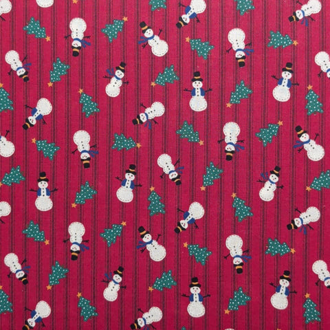 VIP Cranston Print Works - Dark Red Stripe Fabric / Tossed Snowman, Christmas Tree Print / Silver Metallic Accents