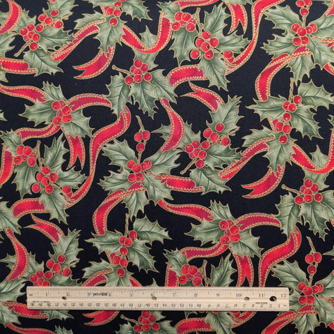 F784 Happy Christmas Fabric Freedom London England - Black Fabric / Giant Holly Leaf, Berry, Ribbon Print / Gold Metallic Accents