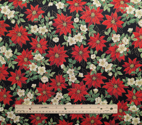 VIP Cranston Print Works - Black Fabric / Red, Green, White Poinsettia and Holly