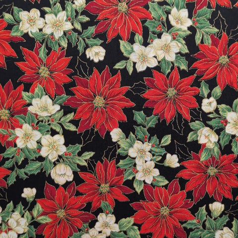 VIP Cranston Print Works - Black Fabric / Red, Green, White Poinsettia and Holly